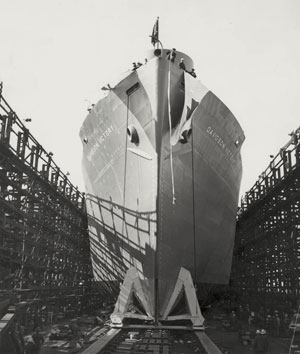 The cargo ship SS Davidson Victory in dry dock with scaffolding to the sides.