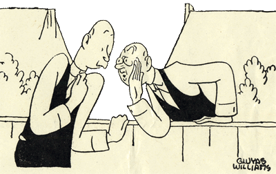 Cartoon of 1 man whispering over his fence to another man.