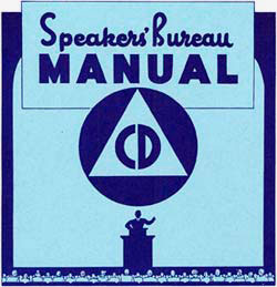 Drawing of a person at a speaker podium with "Speakers' Bureau Manual" over head. Also the letters "CD" inside a triangle, insid