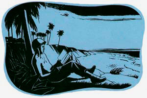 Drawing of soldier sitting on beach with palm trees reading a book.