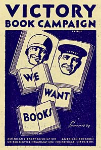 Poster reads "Victory Book Campaign" with image of servicemen on book pages. "We Want Books" written below.