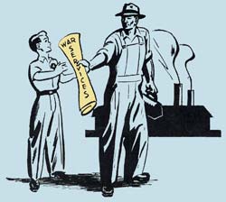 Drawing of adult male factory worker handing a young man a rolled up paper with "War Services" printed on the outside. 