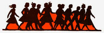 Drawing of shadows of a dozen teenagers walking down the street together.