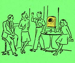 Drawing of 4 teenagers relaxing around a juke box. A table holding drinks is near.