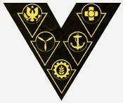 Symbol for High school victory corp includes an anchor, first aid cross, eagle with arrow in 1 claw & brach in the other.