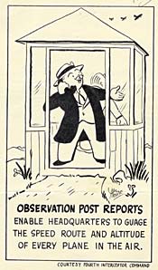 Cartoon man on phone, "Observation post reports enable headquarters to guage the speed route and altitude of every plane in the air"