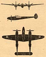 Drawing of Lockheed Lightning plane from front, side and top.
