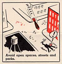 Cartoon man running down street in city with bomb chasing him. "avoid open spaces, streetsand parks."