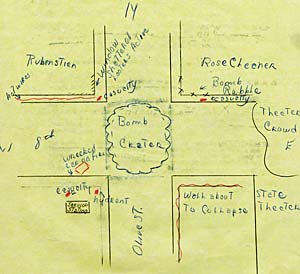 Drawing of intersection of west 8th ave. and Olive st. shows bomb crater drawn in center.