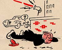 Cartoon man lying on ground with hands over ears while siren blasts.