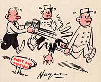 2 cartoon men carry another man on a stretcher while another man throws bucket of water on him. Sign points "First Aid Station"