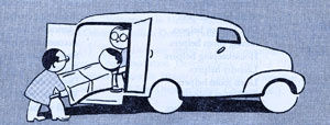 Cartoon of 2 men loading a person in a stretcher into an ambulance.