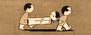 Cartoon of 2 men carrying a person on a stretcher.