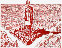 Drawing of city with giant, bigger than life, female block leader standing in the middle.
