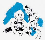 Drawing of girl and boy playing with train set.