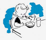 Drawing of child in high chair eating mush or cereal.