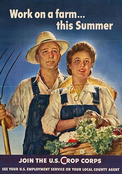 Man and woman in overalls. Woman holds basket of vegetables. Text reads "Work on a farm...this summer"