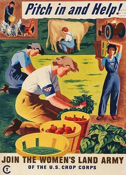 Poster of women working at milking cow, picking vegetables, feeding chickens. Text reads "Pitch in and help!"