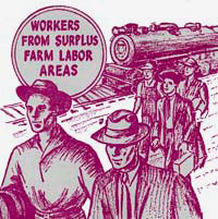 Drawing of 5 people walking along side train on rail track. Text reads "Workers from surplus farm labor areas"