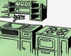 Drawing of kitchen with sick, faucet, stove and cupboards.