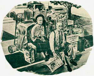 Drawing of elderly man and woman sitting on curb with their belongings in boxes.