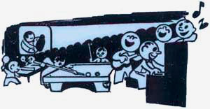 Drawing of men playing pool, playing the piano & singing, watching a movie.
