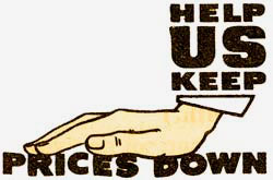 "Help us keep prices down" with drawing of a hand holding words "prices down" down.