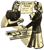 Drawing of woman behind counter helping woman customer with purchase. Sign on wall reads "Ceiling price"