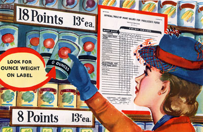 Woman holds can of fruit or vegetable under sign that reads "18 points" and below a sign "Look for Ounce Weight on Label."