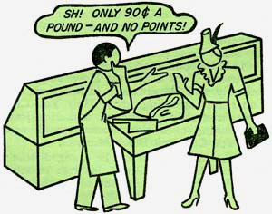Drawing of man telling woman at checkout stand "Sh! Only 90¢ a pound - and no points!"