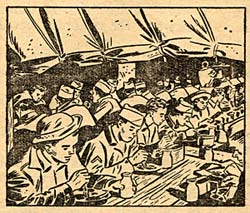 Drawing of dozens of soldiers sitting at long tables eating a meal.
