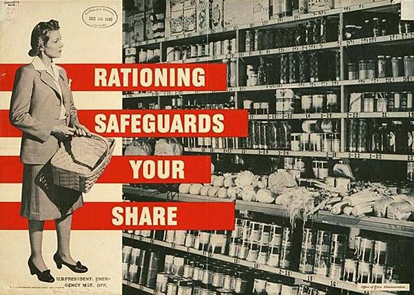 Woman in supermarket looking at aisle of food. Printed to her side: "Rationing safeguards your share."