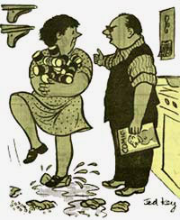 Cartoon of husband & wife standing in kitchen. She holds about a dozen tin cans in her arms.