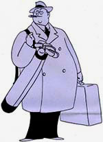 Drawing of fat man in hat and over coat with briefcase and golf clubs in bag.