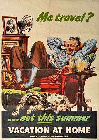 Drawing of man with feet up in arm chair and dog relaxing on floor. Text reads "Me Travel? Not this summer. vacation at home"