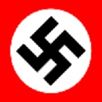 Black swastika on white circle on red background.