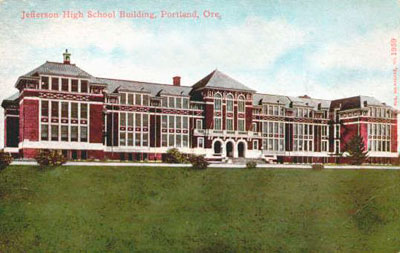 Colorized drawing of Jefferson High School, Portland Oregon.