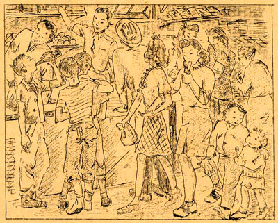 Drawing of young Japanese gathered around counter of store.