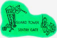 Cartoon drawing of man in guard town looking through scope at guard on ground. "Guard tower sentry gate" printed.