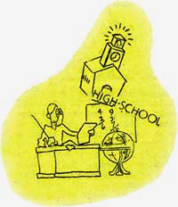 Cartoon drawing of person at desk, school building, globe and words "high school"