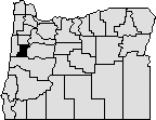 Map of the state of Oregon with Benton county on the western side blacked out.