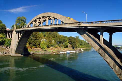 The Oregon City Bridge is a steel through arch bridge spanning the Willamette River between Oregon City and West Linn, Oregon.