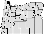 Map of Oregon with northwestern area blacked out that represents Columbia County.