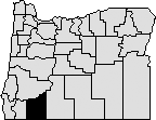 Map of Oregon with south west section blacked out to indicate Jackson County.