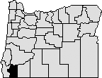 Map of Oregon with section in south west blacked out to indicate Josephine county.