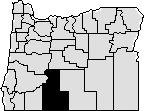 Map of Oregon with mid-southern area blacked out that represents Klamath County.