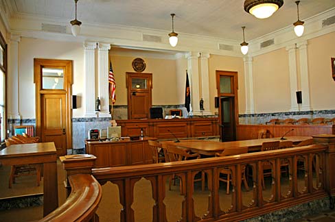 View of judge's bench in courthouse.