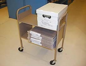 Metal cart with wheels holding archive boxes.