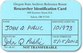 Oregon State Archives Reference room researcher Id card example shows name, date and signature with ID #.