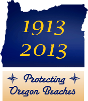Oregon silhouette with the years 1913 and 2013 in yellow and the words "protecting Oregon Beaches" underneath